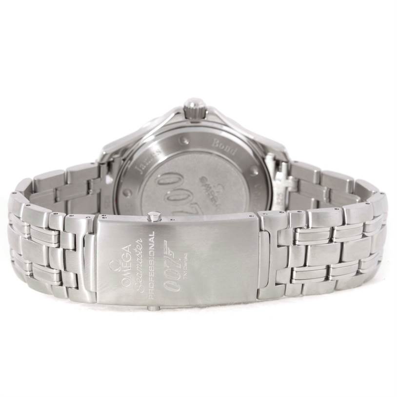 The image shows the back view of an Omega Seamaster 212.30.41.20.01.001 Men
s Stainless Steel Black Dial 212.30.41.20.01.001 Men
s Stainless Steel Black Dial watch, highlighting its closed clasp and engraved case back.