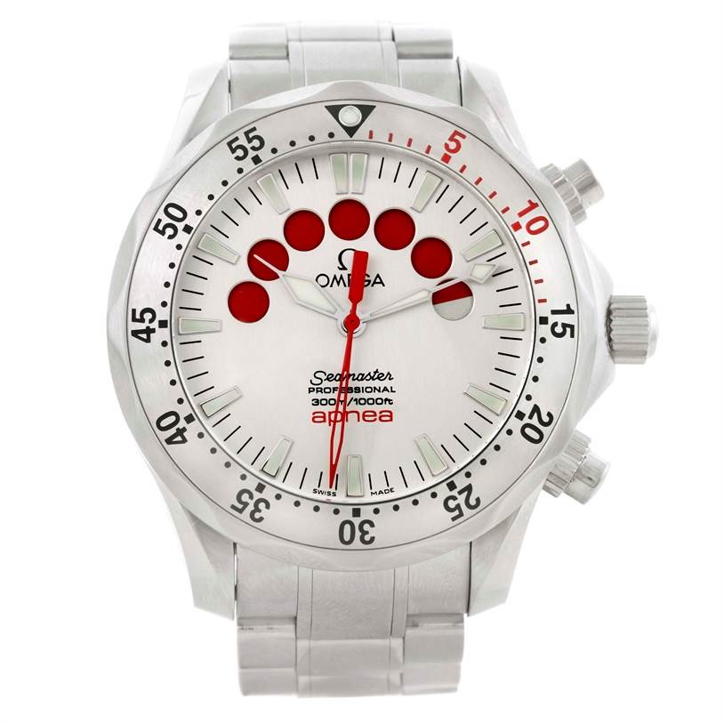 This Omega Seamaster 2595.30.00 Men
s Stainless Steel Silver Dial 2595.30.00 Men
s Stainless Steel Silver Dial watch is shown from the front, displaying the dial, bezel, and part of the steel bracelet.