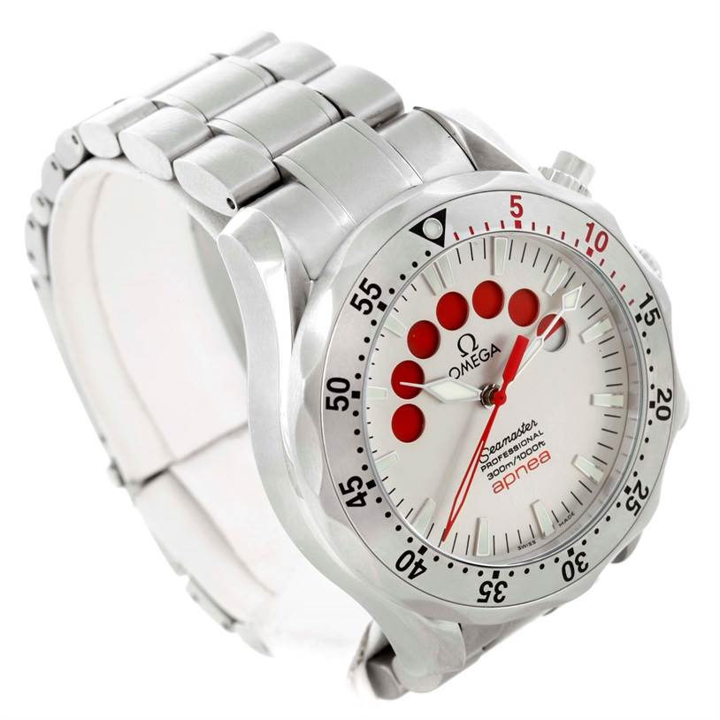 The Omega Seamaster 2595.30.00 Men
s Stainless Steel Silver Dial 2595.30.00 Men
s Stainless Steel Silver Dial watch is shown at a slight angle, displaying its face, bezel, crown, and stainless steel bracelet.