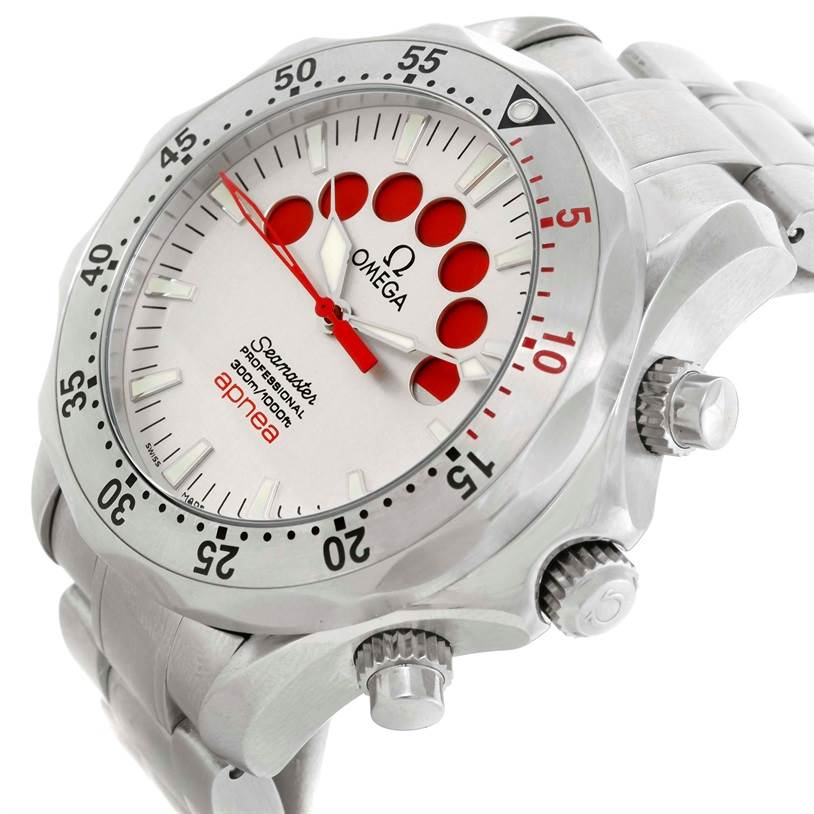 The image shows an Omega Seamaster 2595.30.00 Men
s Stainless Steel Silver Dial 2595.30.00 Men
s Stainless Steel Silver Dial watch at an angle highlighting the bezel, dial, crown, and metal bracelet.