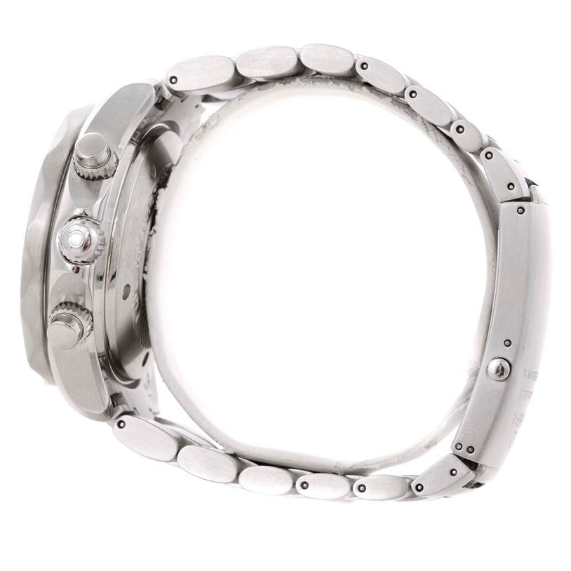 This image shows a side view of the Omega Seamaster 2595.30.00 Men
s Stainless Steel Silver Dial 2595.30.00 Men
s Stainless Steel Silver Dial watch, focusing on its stainless steel case, crown, pushers, and bracelet.