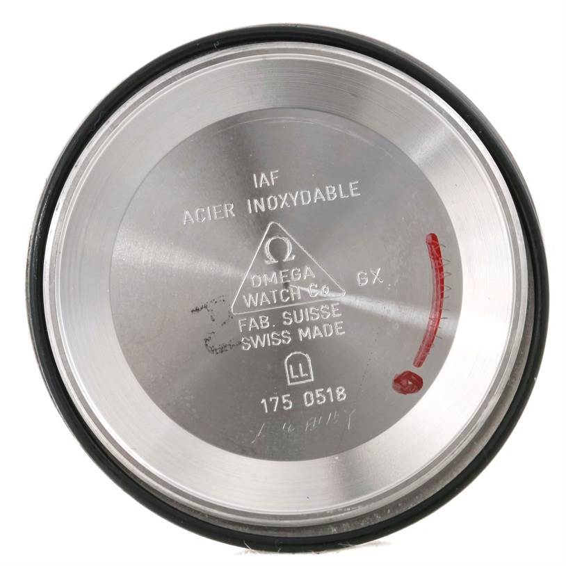 The image shows the inner side of the case back of an Omega Seamaster 2595.30.00 Men
s Stainless Steel Silver Dial 2595.30.00 Men
s Stainless Steel Silver Dial watch, with engravings and branding visible.