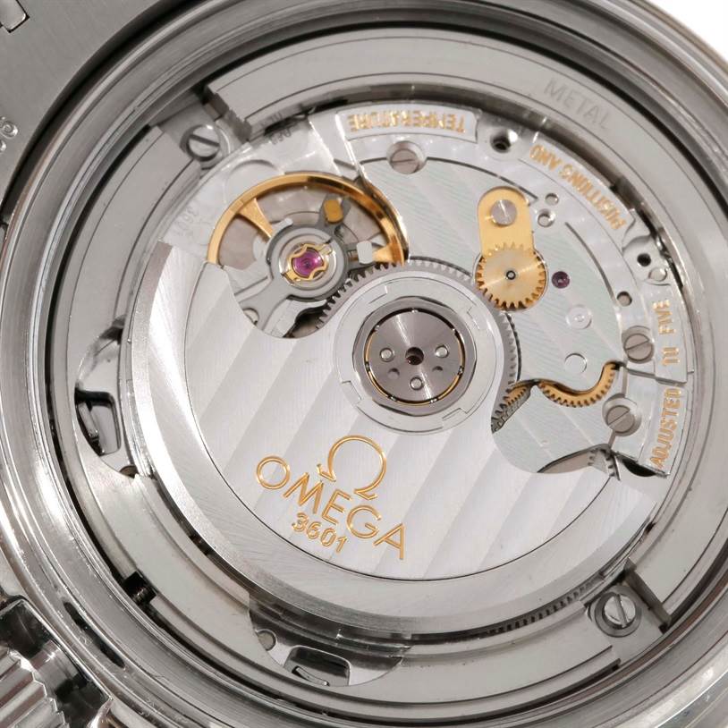 This image shows the movement and internal mechanism of an Omega Seamaster 2595.30.00 Men
s Stainless Steel Silver Dial 2595.30.00 Men
s Stainless Steel Silver Dial watch, viewed from the back.