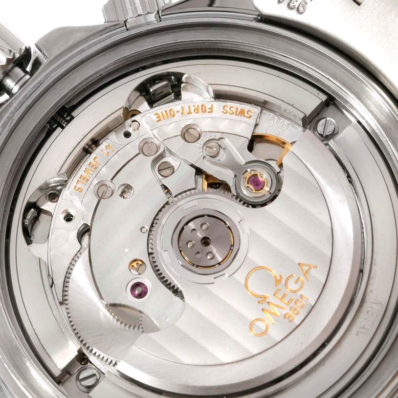 This image shows the intricate internal mechanism of an Omega Seamaster 2595.30.00 Men
s Stainless Steel Silver Dial 2595.30.00 Men
s Stainless Steel Silver Dial watch viewed from the back.