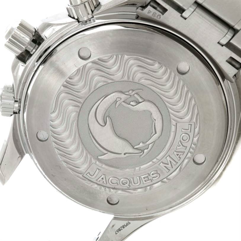 The image shows the case back of an Omega Seamaster 2595.30.00 Men
s Stainless Steel Silver Dial 2595.30.00 Men
s Stainless Steel Silver Dial watch, featuring an engraved dolphin design with "Jacques Mayol" text.