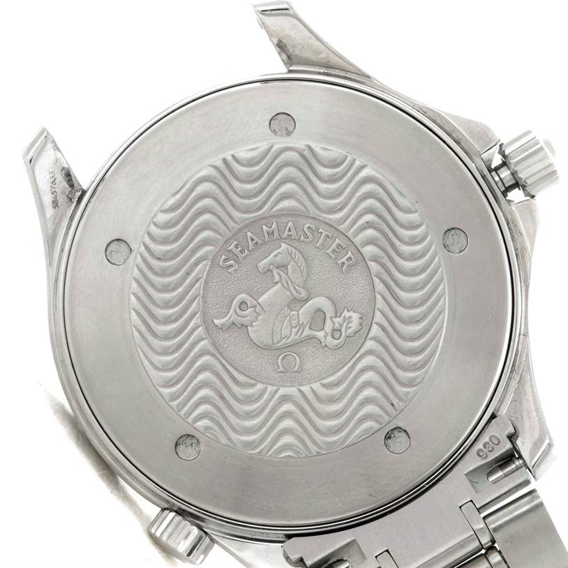 The image shows the back case and bracelet of an Omega Seamaster 2264.50.00 Men's Stainless Steel Black Dial 2264.50.00 Men's Stainless Steel Black Dial watch, featuring the engraved logo.