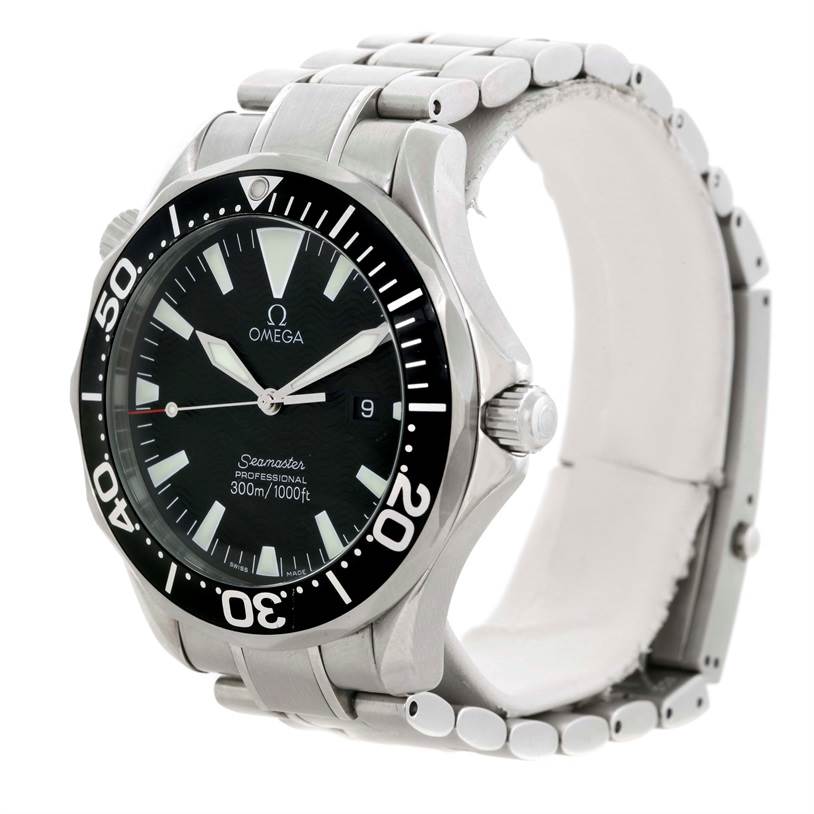 The Omega Seamaster 2264.50.00 Men's Stainless Steel Black Dial 2264.50.00 Men's Stainless Steel Black Dial watch is shown at a slight angle, displaying the face, bezel, crown, and part of the bracelet.