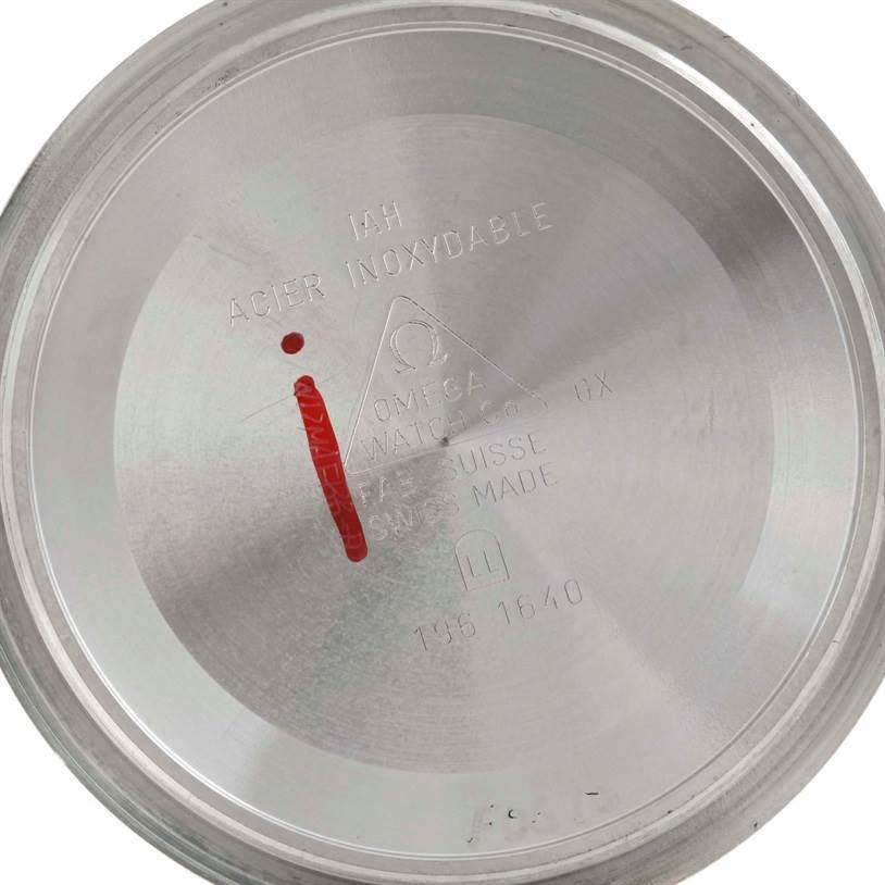 The image shows the inside case back of an Omega Seamaster 2264.50.00 Men's Stainless Steel Black Dial 2264.50.00 Men's Stainless Steel Black Dial watch, featuring engravings and markings.