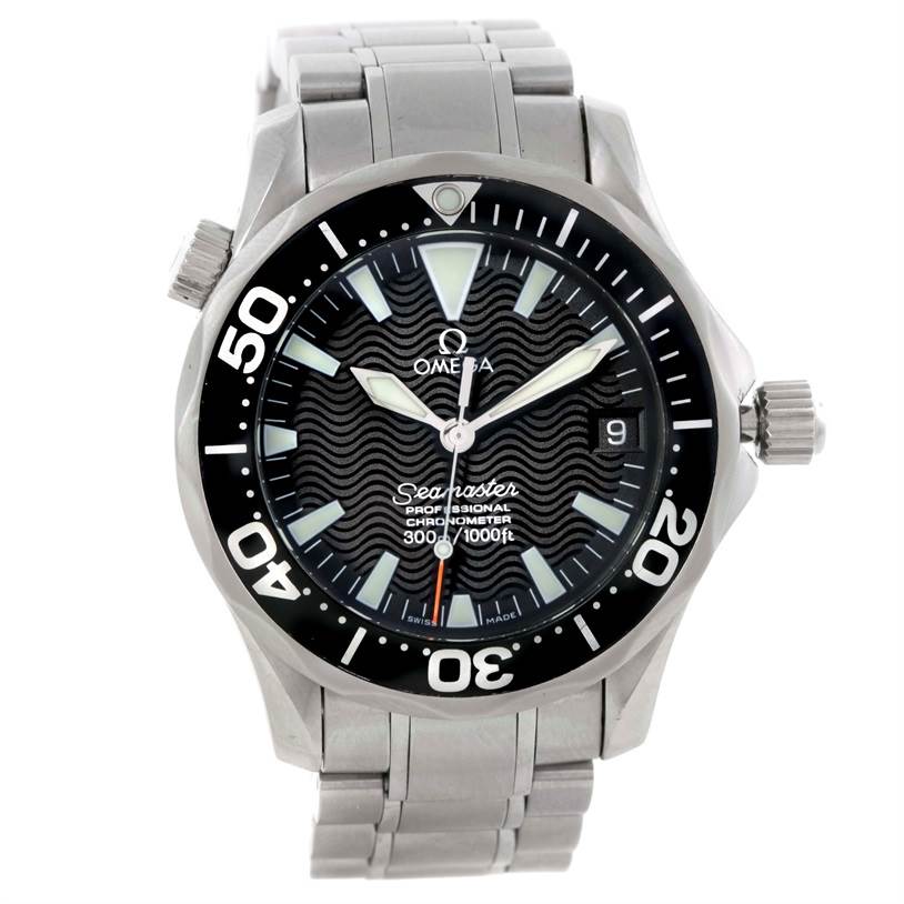 The Omega Seamaster 2252.50.00 Stainless Steel Black Dial 2252.50.00 Stainless Steel Black Dial watch is shown from a frontal view, highlighting its face, bezel, and bracelet.