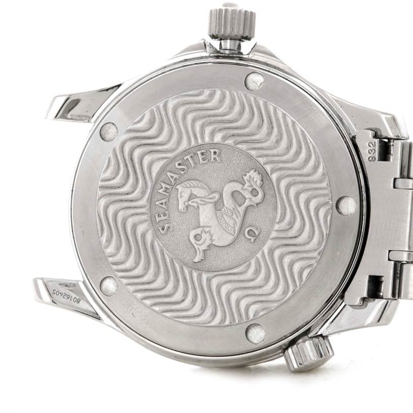 This image shows the back case and crown of an Omega Seamaster 2252.50.00 Stainless Steel Black Dial 2252.50.00 Stainless Steel Black Dial watch.