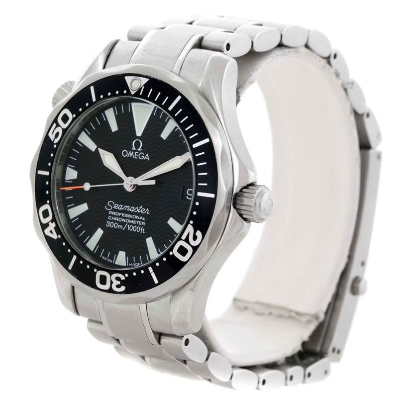 The Omega Seamaster 2252.50.00 Stainless Steel Black Dial 2252.50.00 Stainless Steel Black Dial watch is shown at a three-quarter angle, displaying the face, bezel, case, and part of the bracelet.