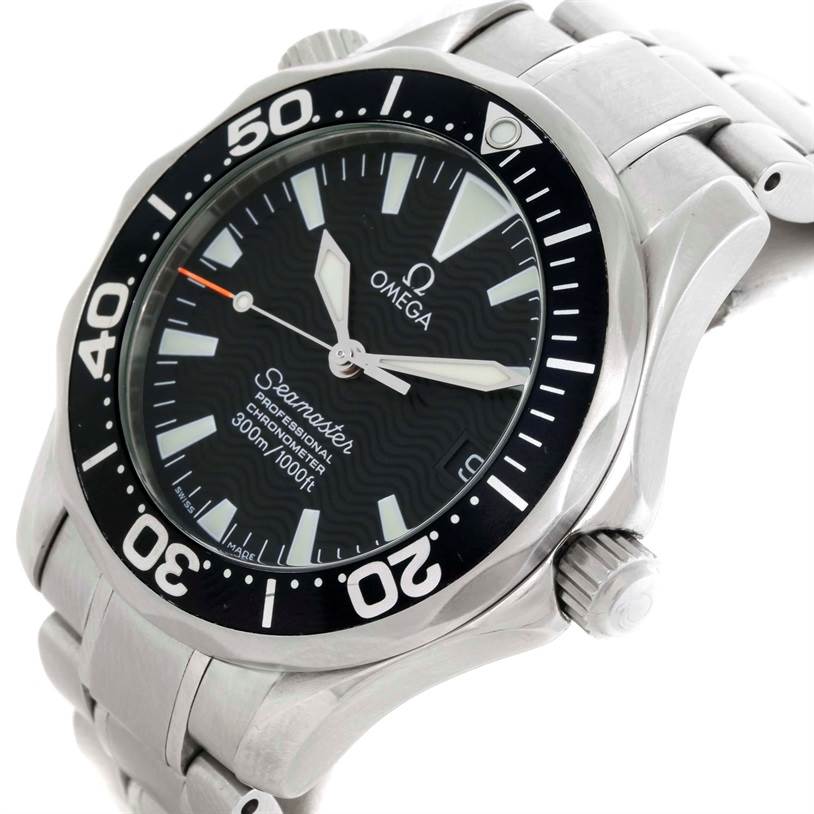 The Omega Seamaster 2252.50.00 Stainless Steel Black Dial 2252.50.00 Stainless Steel Black Dial watch is shown from an angled view, highlighting the face, bezel, crown, and part of the bracelet.