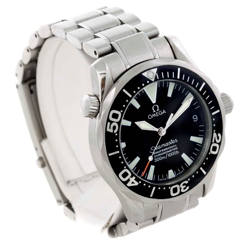 This image shows an Omega Seamaster 2252.50.00 Stainless Steel Black Dial 2252.50.00 Stainless Steel Black Dial watch angled to display the face, bezel, crown, and metal bracelet.