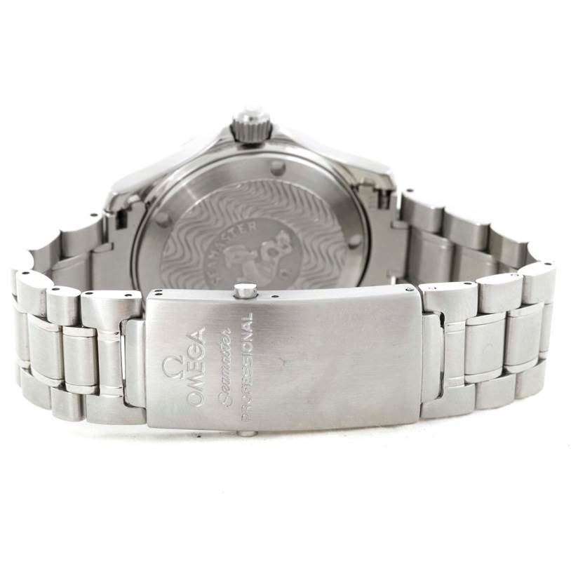 The image shows the Omega Seamaster 2252.50.00 Stainless Steel Black Dial 2252.50.00 Stainless Steel Black Dial watch from the back, highlighting its stainless steel bracelet and clasp.