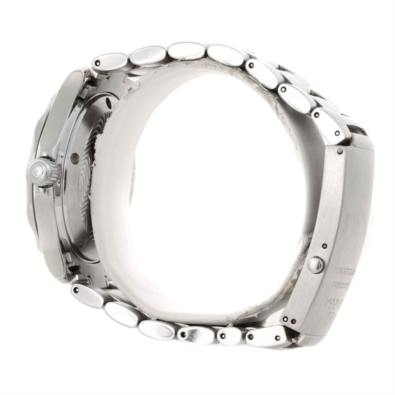 The Omega Seamaster 2252.50.00 Stainless Steel Black Dial 2252.50.00 Stainless Steel Black Dial watch is shown from a side profile angle, highlighting the crown, case, and bracelet.