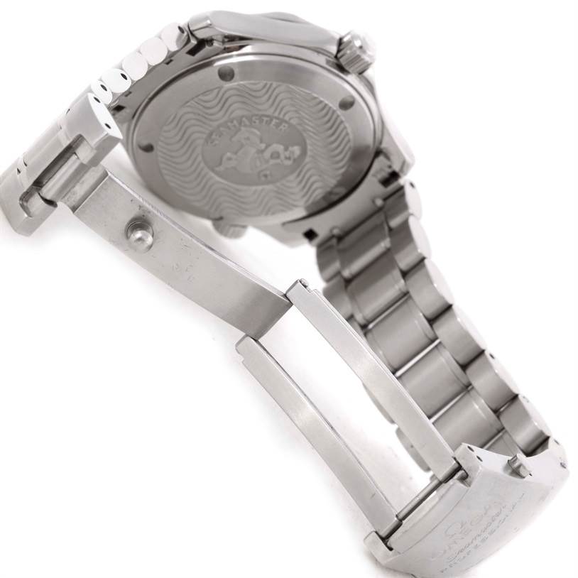 The image shows the back case and partially opened bracelet clasp of an Omega Seamaster 2252.50.00 Stainless Steel Black Dial 2252.50.00 Stainless Steel Black Dial watch.