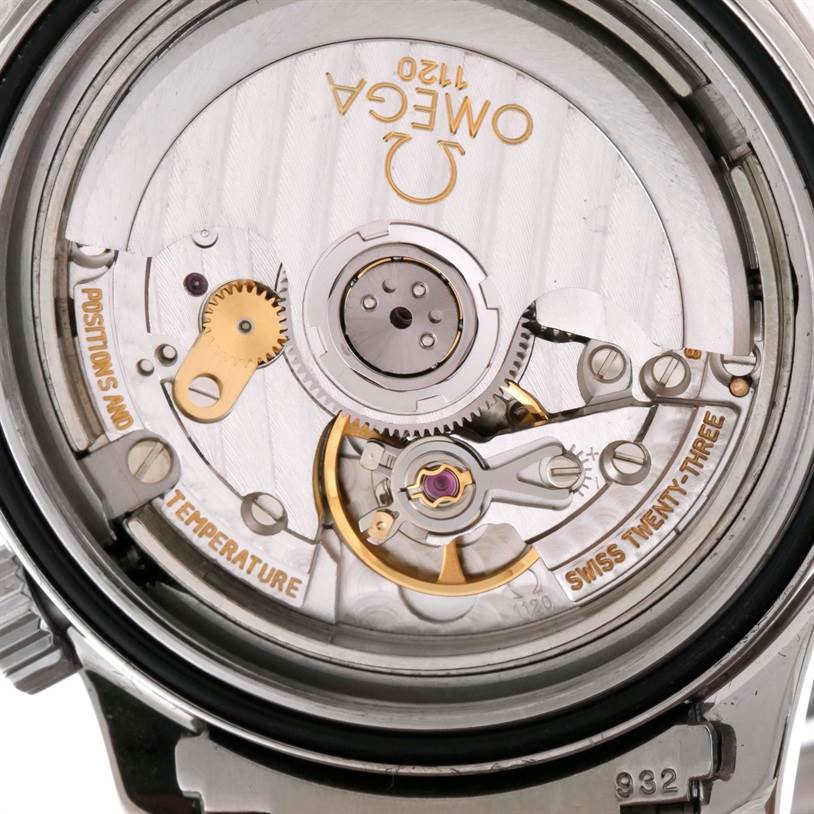 This image shows a close-up of the Omega Seamaster 2252.50.00 Stainless Steel Black Dial 2252.50.00 Stainless Steel Black Dial movement mechanism from the back.