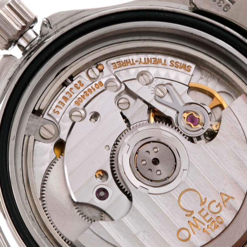 The image shows the internal movement mechanism of an Omega Seamaster 2252.50.00 Stainless Steel Black Dial 2252.50.00 Stainless Steel Black Dial watch from the back.