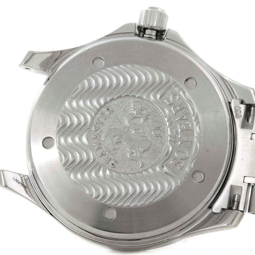 The image shows the case back of an Omega Seamaster 2534.50.00 Men
s Stainless Steel Black Dial 2534.50.00 Men
s Stainless Steel Black Dial watch, featuring an embossed design and the crown partially visible.