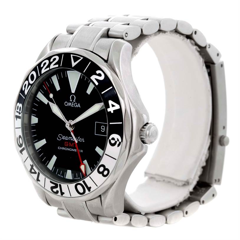 The image shows an Omega Seamaster 2534.50.00 Men
s Stainless Steel Black Dial 2534.50.00 Men
s Stainless Steel Black Dial watch, viewed from the right side, highlighting the bezel, dial, crown, and stainless steel bracelet.