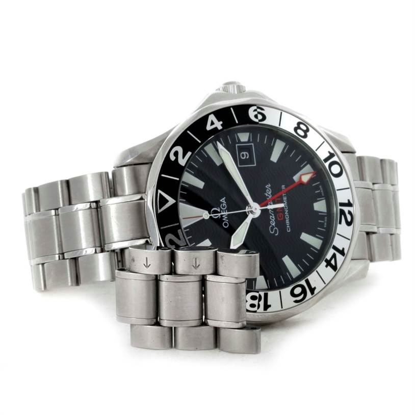 The Omega Seamaster 2534.50.00 Men
s Stainless Steel Black Dial 2534.50.00 Men
s Stainless Steel Black Dial watch is shown at a slight angle, displaying its dial, bezel, and steel bracelet with additional links.