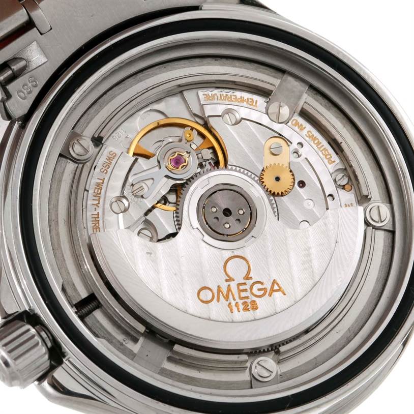 This image shows the back view of an Omega Seamaster 2534.50.00 Men
s Stainless Steel Black Dial 2534.50.00 Men
s Stainless Steel Black Dial watch, displaying the intricate inner mechanical movement.