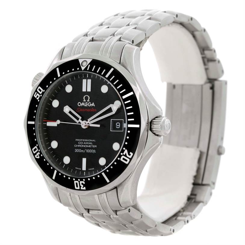 The Omega Seamaster 212.30.41.20.01.002 Men
s Stainless Steel Black Dial 212.30.41.20.01.002 Men
s Stainless Steel Black Dial watch is shown at a three-quarter angle, highlighting the face, bezel, crown, and stainless steel bracelet.