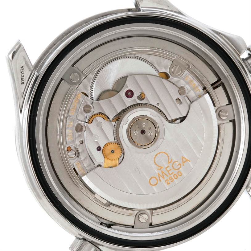 The image shows the back view of an Omega Seamaster 212.30.41.20.01.002 Men
s Stainless Steel Black Dial 212.30.41.20.01.002 Men
s Stainless Steel Black Dial watch revealing its 2500 Co-Axial movement.