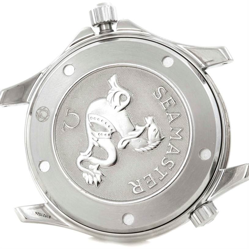 This is a rear view of an Omega Seamaster 212.30.41.20.01.002 Men
s Stainless Steel Black Dial 212.30.41.20.01.002 Men
s Stainless Steel Black Dial watch, focusing on the case back with engravings.