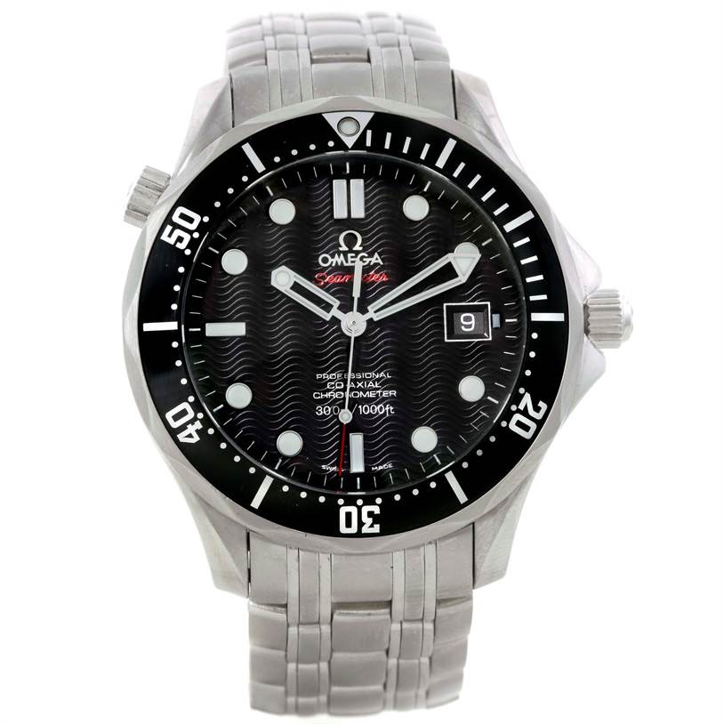 The image shows a front view of an Omega Seamaster 212.30.41.20.01.002 Men
s Stainless Steel Black Dial 212.30.41.20.01.002 Men
s Stainless Steel Black Dial watch, displaying its face, bezel, crown, and stainless steel bracelet.