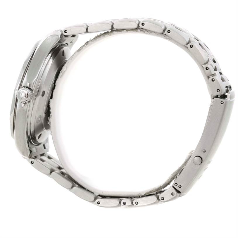 This side view of the Seamaster by Omega shows the case, crown, and bracelet links.