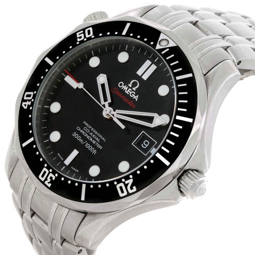 The image shows an angled view of an Omega Seamaster 212.30.41.20.01.002 Men
s Stainless Steel Black Dial 212.30.41.20.01.002 Men
s Stainless Steel Black Dial watch, highlighting its face, bezel, crown, and metal bracelet.