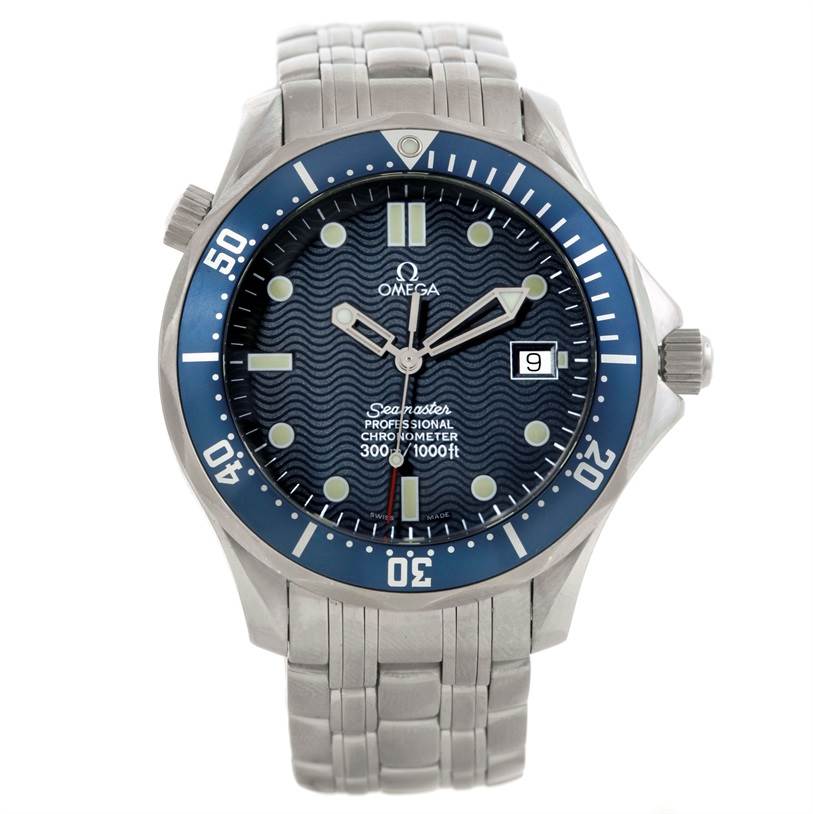 The image shows a front view of an Omega Seamaster 2531.80.00 Men
s Stainless Steel Blue Dial 2531.80.00 Men
s Stainless Steel Blue Dial watch, displaying its dial, bezel, and stainless steel bracelet.