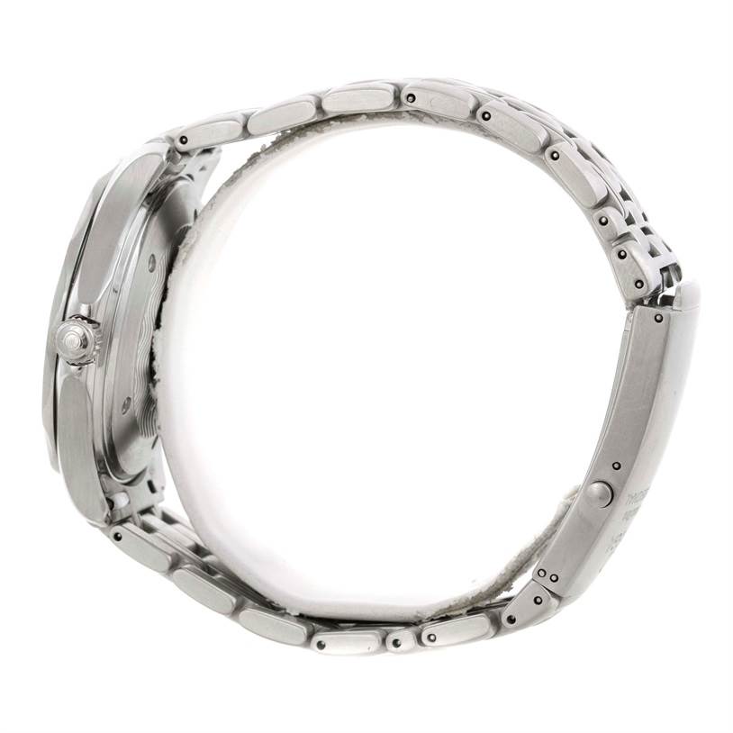 The Omega Seamaster 2531.80.00 Men
s Stainless Steel Blue Dial 2531.80.00 Men
s Stainless Steel Blue Dial watch is shown from a side angle, displaying its metal casing and bracelet components.