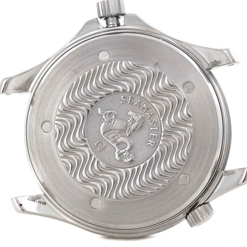 The image shows the back case of an Omega Seamaster 2531.80.00 Men
s Stainless Steel Blue Dial 2531.80.00 Men
s Stainless Steel Blue Dial watch with the crown and lugs visible.