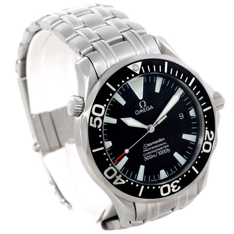 The image shows a front and slightly angled view of the Omega Seamaster 2254.50.00 Men
s Stainless Steel Black Dial 2254.50.00 Men
s Stainless Steel Black Dial watch, highlighting the dial, bezel, and part of the bracelet.