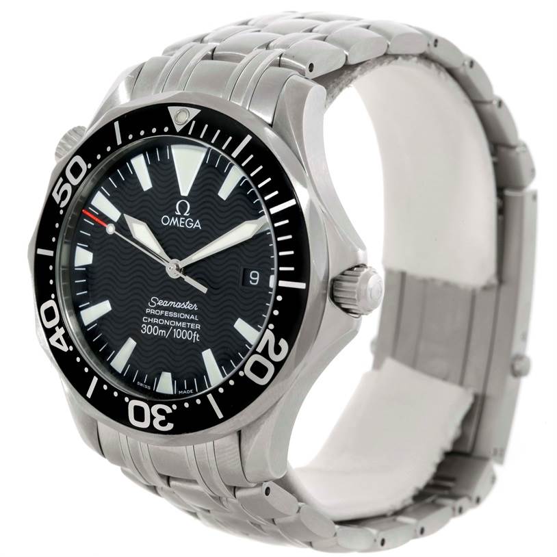 The Omega Seamaster 2254.50.00 Men
s Stainless Steel Black Dial 2254.50.00 Men
s Stainless Steel Black Dial watch is shown from an angled front view, displaying its face, bezel, crown, and part of the bracelet.
