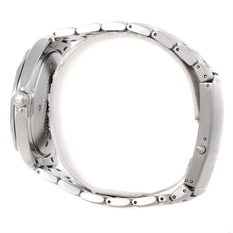 The image shows a side view of an Omega Seamaster 2254.50.00 Men
s Stainless Steel Black Dial 2254.50.00 Men
s Stainless Steel Black Dial watch, highlighting the crown, case, and bracelet.