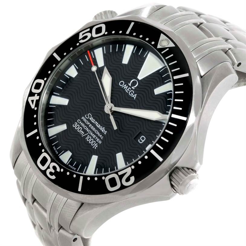 The image shows an angled view of an Omega Seamaster 2254.50.00 Men
s Stainless Steel Black Dial 2254.50.00 Men
s Stainless Steel Black Dial watch, displaying the face, bezel, and part of the bracelet.