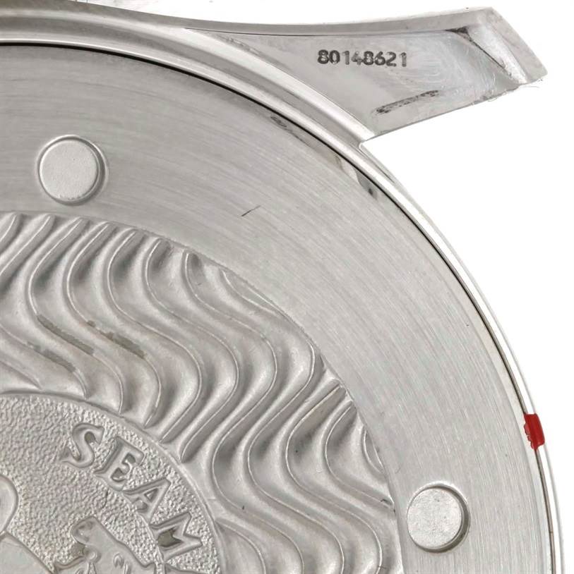 The image shows a close-up of the screw-down case back and part of the lug of the Omega Seamaster 2254.50.00 Men
s Stainless Steel Black Dial 2254.50.00 Men
s Stainless Steel Black Dial watch, highlighting its engravings.