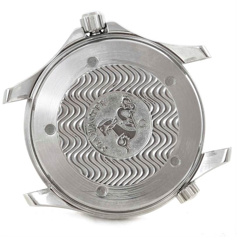 This image shows the back case and crown of an Omega Seamaster 2541.80.00 Men
s Stainless Steel Blue Dial 2541.80.00 Men
s Stainless Steel Blue Dial watch, featuring intricate engraving and wave patterns.