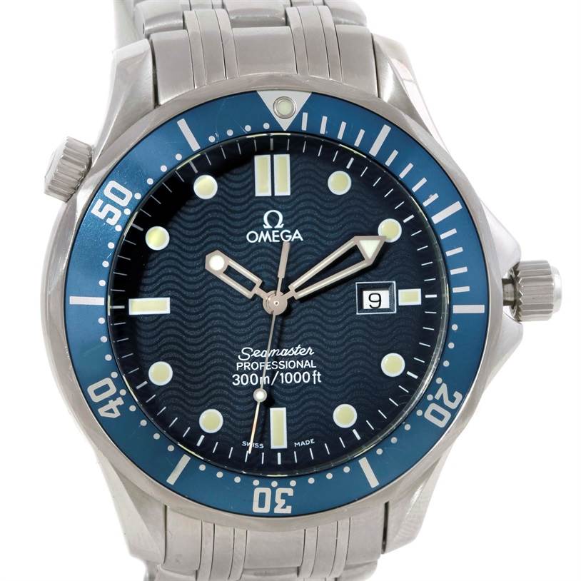 The Omega Seamaster 2541.80.00 Men
s Stainless Steel Blue Dial 2541.80.00 Men
s Stainless Steel Blue Dial watch is shown from a front angle, displaying the face, bezel, crown, and part of the bracelet.