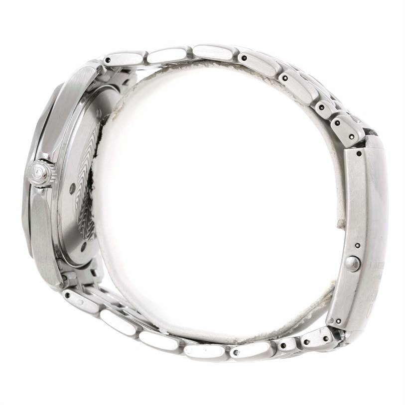 The image shows the side profile of an Omega Seamaster 2541.80.00 Men
s Stainless Steel Blue Dial 2541.80.00 Men
s Stainless Steel Blue Dial watch, highlighting the crown, case, and link bracelet.