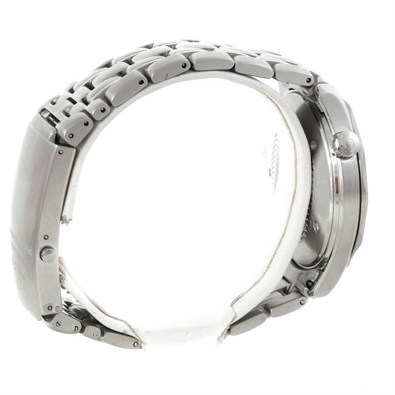 The Omega Seamaster 2541.80.00 Men
s Stainless Steel Blue Dial 2541.80.00 Men
s Stainless Steel Blue Dial watch is shown from a side angle, displaying the bracelet, case, and crown.