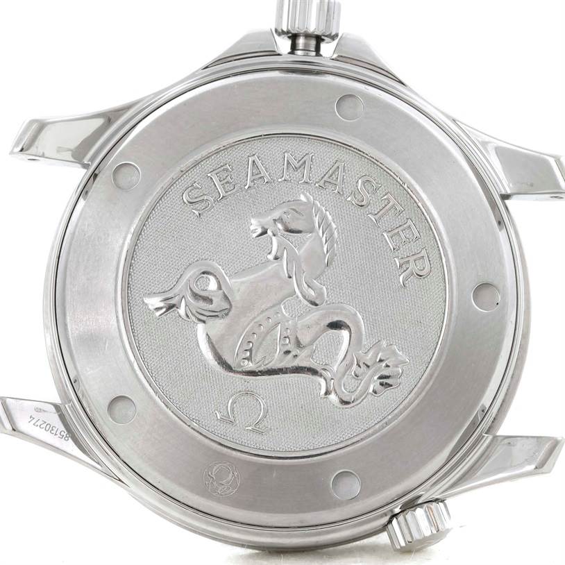 The image shows the back case of an Omega Seamaster 2220.80.00 Men
s Stainless Steel Blue Dial 2220.80.00 Men
s Stainless Steel Blue Dial watch, displaying the engraved model name and emblem.