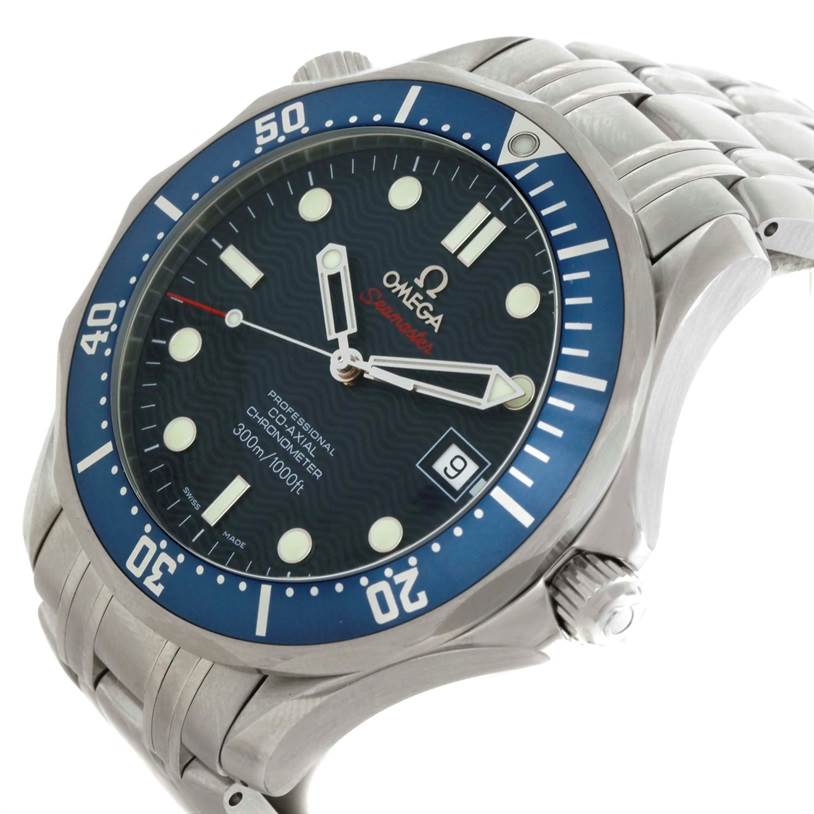 The Omega Seamaster 2220.80.00 Men
s Stainless Steel Blue Dial 2220.80.00 Men
s Stainless Steel Blue Dial watch is shown at an angled top-down view highlighting the face, bezel, and part of the metal bracelet.