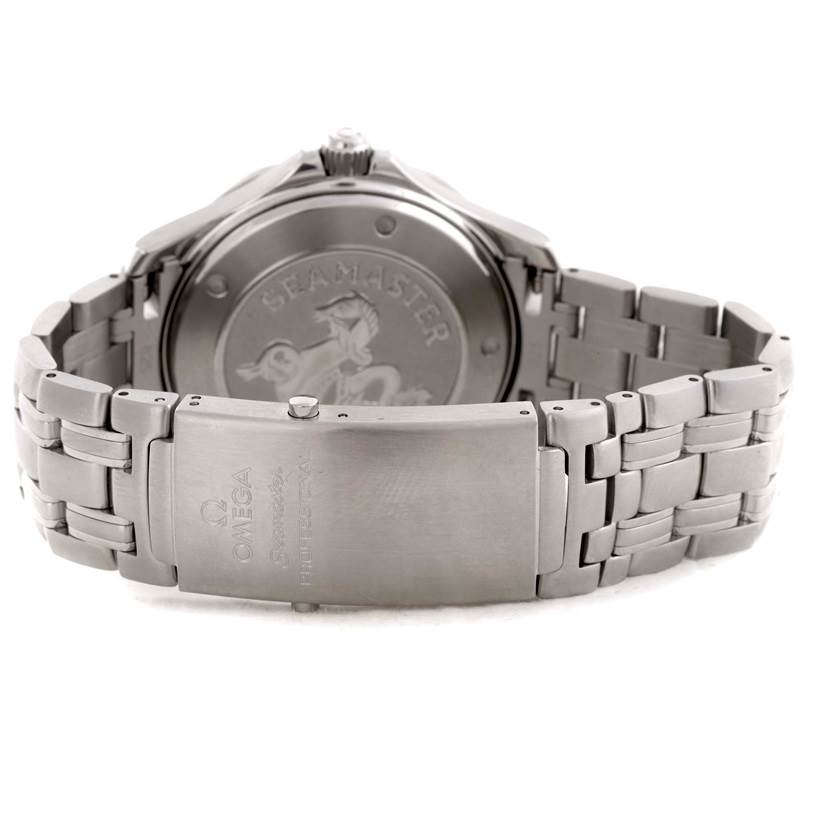 The image shows the back of an Omega Seamaster 2220.80.00 Men
s Stainless Steel Blue Dial 2220.80.00 Men
s Stainless Steel Blue Dial watch, focusing on the case back and bracelet clasp.