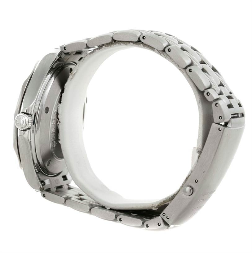 This image shows a side profile view of the Omega Seamaster 2220.80.00 Men
s Stainless Steel Blue Dial 2220.80.00 Men
s Stainless Steel Blue Dial watch, highlighting the case, crown, and metal bracelet.