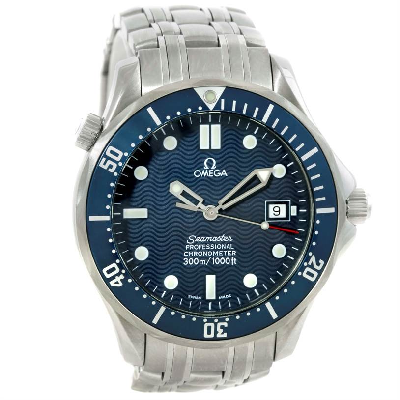 The image shows a front view of the Omega Seamaster 2531.80.00 Men
s Stainless Steel Blue Dial 2531.80.00 Men
s Stainless Steel Blue Dial watch, highlighting its dial, bezel, and metal bracelet.
