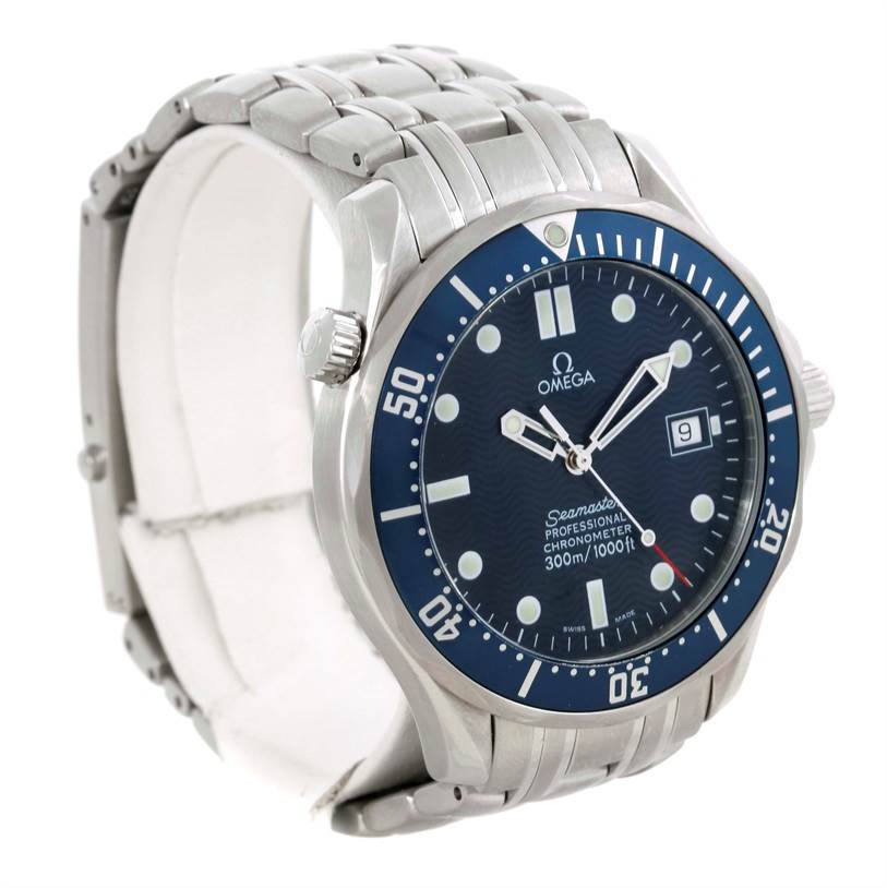 The Omega Seamaster 2531.80.00 Men
s Stainless Steel Blue Dial 2531.80.00 Men
s Stainless Steel Blue Dial watch is shown at an angle displaying the face, bezel, crown, and part of the bracelet.